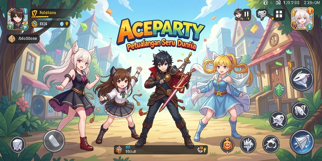 Tangkapan layar gameplay terbaik dari ACEPARTY yang menampilkan karakter anime.