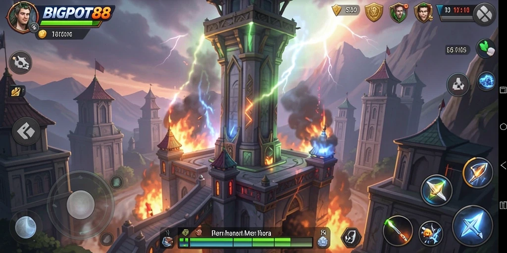 Screenshot dari gameplay <strong>BIGPOT88</strong> yang menampilkan strategi menara pertahanan.