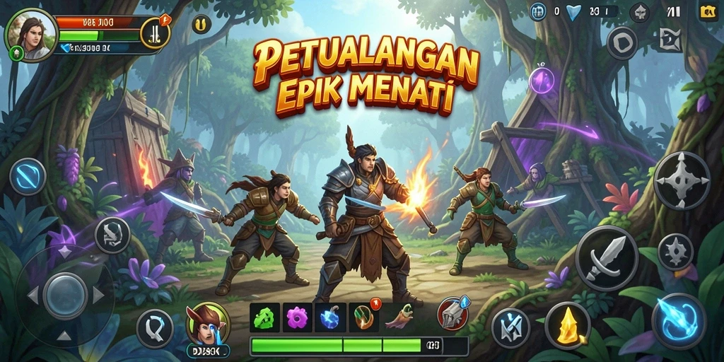 Screenshot DKK menampilkan pemain menjelajahi hutan berwarna-warni yang kaya petualangan.