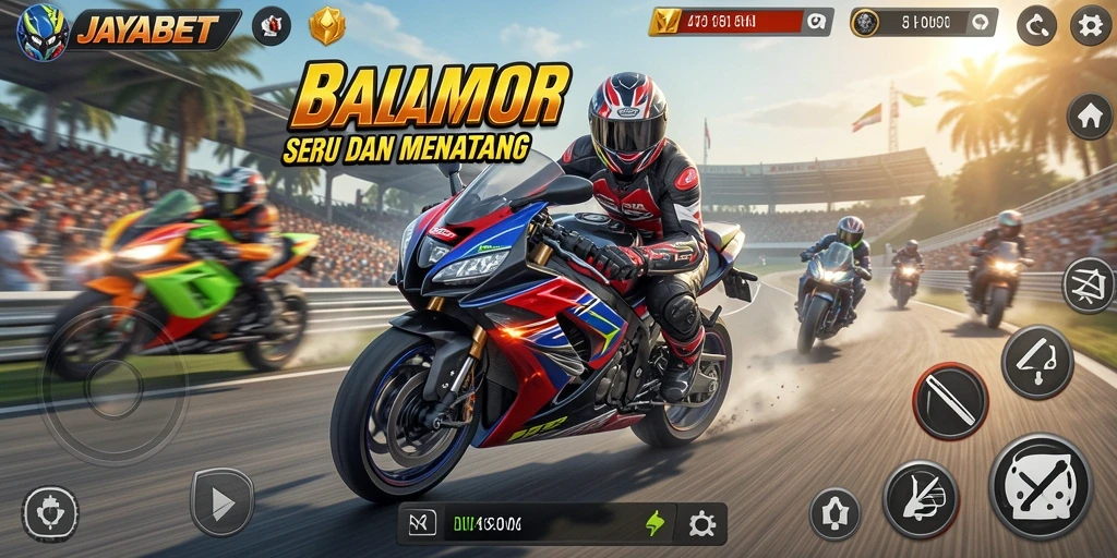 Screenshot menunjukkan aksi balap motor yang kencang dan mendebarkan dalam JAYABET.