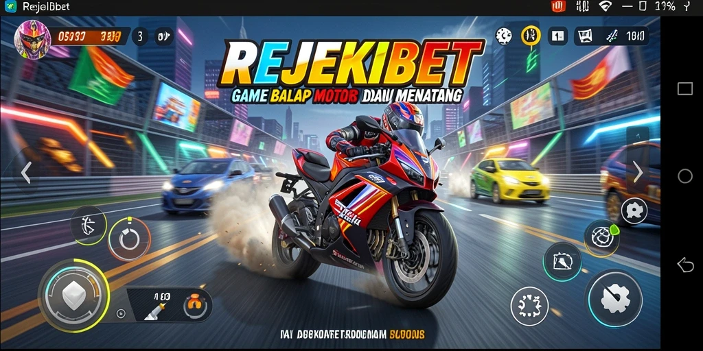 Tampilan gameplay seru dalam REJEKIBET dengan motor balap cepat.